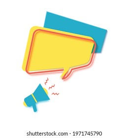 Yellow speech bubble and megaphone in paper cut art. Memphis style banner with geometric shapes. Colorful sticker with place for promotion text, price tag, sale ad. Papercut vector illustration
