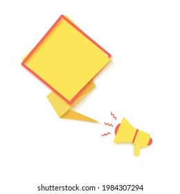 Yellow speech bubble and megaphone in paper cut art. Memphis style banner with red rhombus frame and geometric shapes. Colorful vector Papercutsticker with place for promotion text, price tag, sale ad
