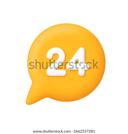 Yellow speech bubble with number 24. Support and customer service, help, chatting, working hours concept. 3d vector icon. Cartoon minimal style.