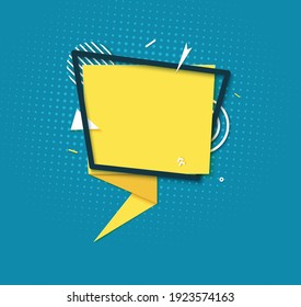 Yellow speech bubble in paper cut art. Memphis style banner with geometric shapes. Colorful sticker with place for promotion text, price tag, sale ad. Papercut badge. Vector card illustration.