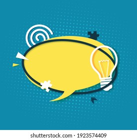 Yellow speech bubble in paper cut art. Memphis style banner with bulb sign and puzzle shape. Cut out round sticker with place for promotion text, price tag, sale ad, quiz, Vector illustration