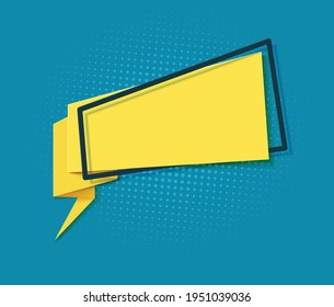 Burbuja de habla amarilla en el arte de corte de papel. Banner de estilo memphis con formas geométricas. Etiqueta colorida con lugar para texto de promoción, etiqueta de precio, anuncio de venta. Insignia de recorte de papel. Ilustración de tarjeta de vector