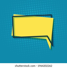 Yellow speech bubble in paper cut art. Memphis style banner with geometric shapes. Colorful sticker with place for promotion text, price tag, sale ad. Papercut badge. Vector card illustration.