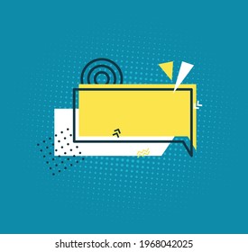 Yellow speech bubble in paper cut art. Memphis style banner with geometric shapes. Colorful sticker with place for promotion text, price tag, sale ad. Papercut badge. Vector card illustration.