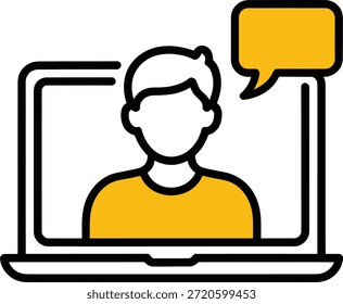 Yellow speech bubble with person on laptop screen person laptop screen communication online