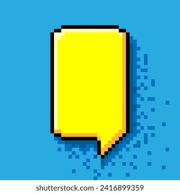 Yellow speech bubble in pixel art style on a blue background with shadow, computer game quote box, vector illustration