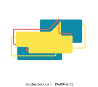 Burbuja de habla amarilla y marco rojo en plano. Banner de estilo Memphis con formas geométricas abstractas. Etiqueta colorida con lugar para texto de promoción, etiqueta de precio, anuncio de venta. Insignia de recorte de papel. Ilustración del vector