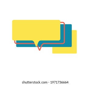 Yellow speech bubble and red frame in flat. Memphis style banner with abstract geometric shapes. Colorful sticker with place for promotion text, price tag, sale ad. Papercut badge. Vector illustration