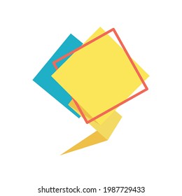 Yellow speech bubble and red rhombus frame in flat. Memphis style banner with abstract geometric shapes. Colorful vector sticker with place for promotion text, price tag, sale ad. Papercut badge.