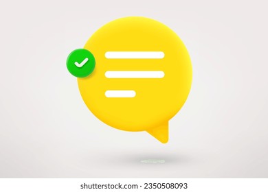 Yellow speech cloud with green checkmark. 3d vector icon