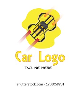 Yellow speed car top view logo vector illustration with dummy text on white background.