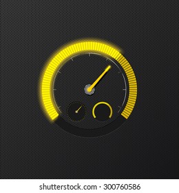 Yellow speedometer on carbon background