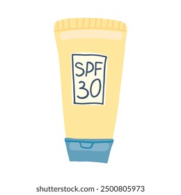 A yellow SPF 30 sunscreen tube with a blue cap, illustrated in a simple, hand-drawn style. Ideal for summer-themed designs, emphasizing sun protection and skincare.