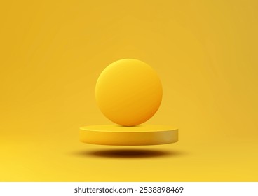 A yellow sphere hovers above a yellow cylinder platform, set in a vibrant yellow background. Modern and minimal, product displays, mockups, or interior design showcases