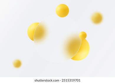 Yellow spheres with defocused transparent frame. Abstract background in glass morphism style.