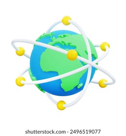 Yellow spheres rotate around the Earth. Satellites fly in the orbit of planet. Electrons rotate around globe in circular orbit. Global communication, business networking. Vector illustration.