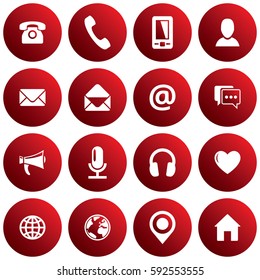 Yellow spherical communication icon set. Vector images for business, mobile, web: phone, mobile, profile, mail, envelope, location, web, chat, microphone, headphones, megaphone, home