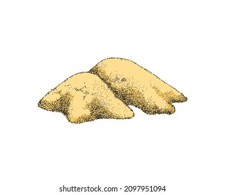 Yellow spice powder in a pile, vector grain textured sketch. Indian curry or ginger root seasoning, realistic vintage illustration.