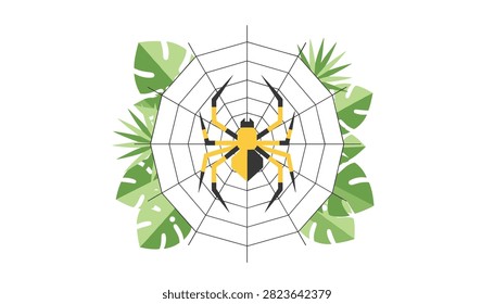 Yellow spider sitting on a large web surrounded by tropical leaves in a clean flat illustration style depicting nature and wildlife themes.