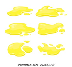 Derrames amarillos de jugo, aceite o miel en un fondo blanco aislado. Conjunto vectorial de charcos líquidos y gotas de varios jugos. Caricatura.