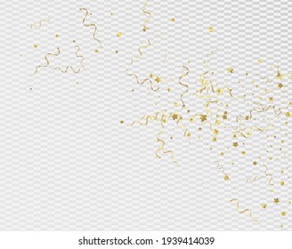 Yellow Spiral Carnival Vector Transparent Background. Falling Confetti Branch. Ribbon Happy Poster. Golden Party Invitation.