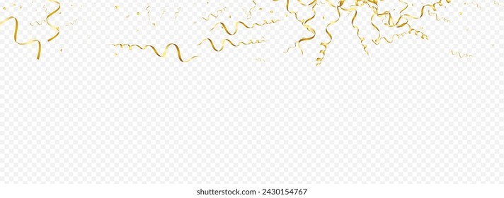 Yellow Spiral Celebrate Vector Panoramic Transparent Background. Isolated Confetti Design. Streamer Carnival Branch. Luxury Anniversary Invitation.