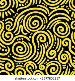 Yellow spiral doodle seamless pattern in black background.