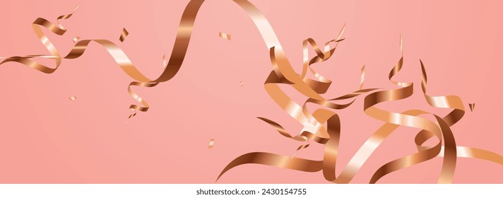 Gelbe Spirale Fliegende Vektor Panorama Rosa Hintergrund. In: Anniversary Confetti Illustration. Star feiert Design. Glänzende Papiereinladung.