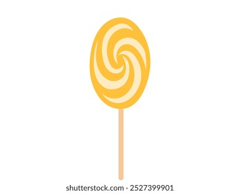 Gelber Spirallollipop auf einem Stock, einzeln auf weißem Hintergrund. Konzept von Süßigkeiten, Spiraldesign, Süßwaren Illustration. Print, Icon, Design-Element.