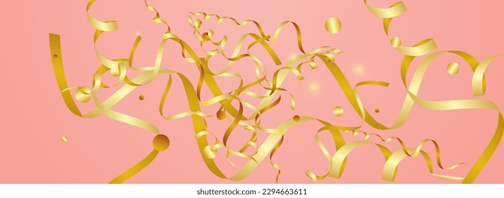 Yellow Spiral Party Vector Panoramic Pink Background. Paper Ribbon Illustration. Confetti Swirl Poster. Shiny Isolated Branch.