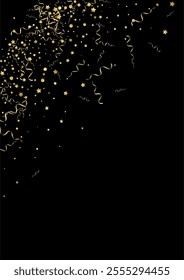 Yellow Spiral Shiny Vector Black Background. Fun Confetti Poster. Serpentine Festive Branch. Golden Isolated Invitation.