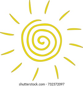 Yellow spiral sun. Brown contour. Simple style.