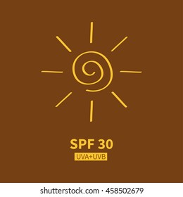 Yellow spiral sun shining sign symbol. Swirl shape. Hello summer. SPF UVA UVB sunscreen cosmetic tag, badge label. Flat Isolated Brown bronze background. Vector