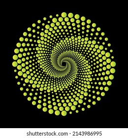 Yellow spiral vortex pattern on dark background. Spirograph on black backdrop. Universe objects. Isolated vector illustration on black background.