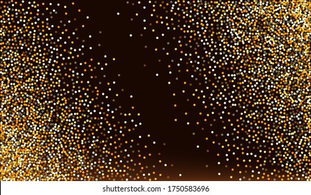 Yellow Splash Festive Brown Dark Background. Light Circle Wallpaper. Golden Sequin Art Card. Round Glamour Pattern.