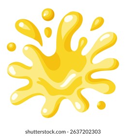 Yellow Splash of lemon juice with drops and shiny highlights. Cartoon Vector isolated illustration on white background. 