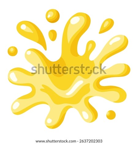 Yellow Splash of lemon juice with drops and shiny highlights. Cartoon Vector isolated illustration on white background. 