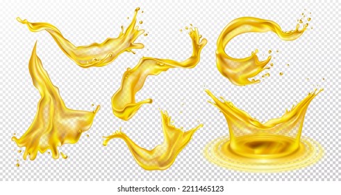 Yellow splash. Oil motion, lemon or pineapple juice, beer drip and drops. Liquid splashing, 3d water waves, advertising soda drink or honey. Realistic elements for design. Vector isolated set