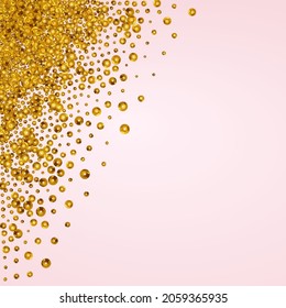 Yellow Splash Paper Vector Pink Background. Falling Polka Pattern. Gold Circle Vector Wallpaper. Round Light Card.