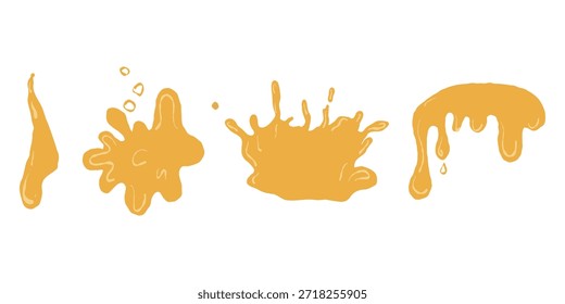 Conjunto de salpicaduras amarillas, marcas líquidas. Goteo y salpicaduras de Vector, gotas de pintura. Elementos de salpicadura, paquete de salpicadura amarillo