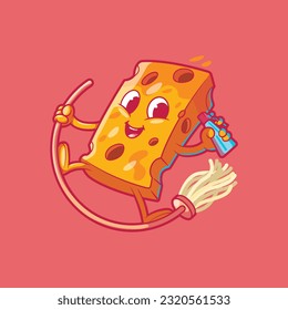 Yellow Sponge character surfing a mop vector illustration. Cleaning, product, and service design concept.