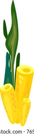 Yellow sponge with green algae on white background