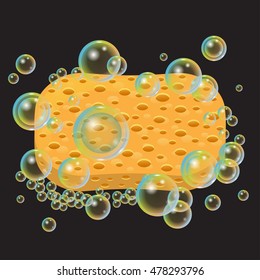 Yellow Sponge. Porous texture. Cartoon Bath Accessory. ?Soapbubble
