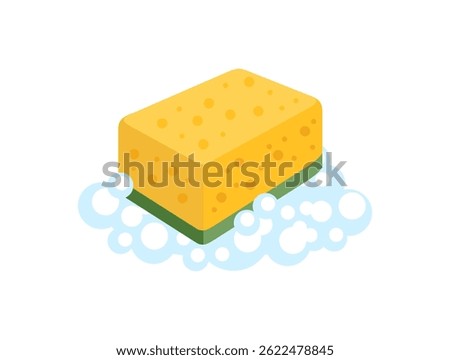 Yellow sponge in soapy foam isolated on white background. Vector cartoon flat illustration. 