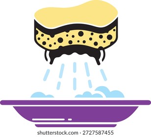 Gelber Schwamm, der Wasser in eine violette Schüssel mit blauen Blasen und Wassertropfen presst