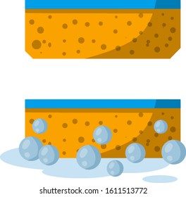 Yellow sponge for washing dishes. Set of cleaning Elements in kitchen. porous object. Blue foam soap and water with bubbles. Cartoon flat illustration