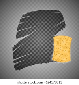 Yellow sponge wiping glass. Transparent effect. Vector Illustration.