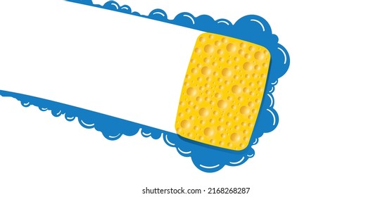 Yellow sponge wiping glass. window cleaning glass service. Windows cleanings icon or logo. Cartoon washes vector. Washing, clean or cleanup tools. Cleanliness concept, surface by dropping soap bubbles