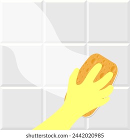 Yellow sponge wiping glass. window cleaning glass service. Windows cleanings icon or logo. Cartoon washes vector. Washing, clean or cleanup tools. Cleanliness concept, surface by dropping soap bubbles