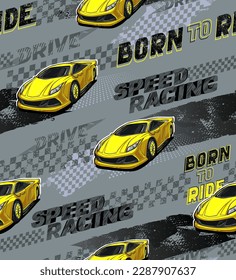 Yellow Sport car seamless pattern. Speed race repeat print. Racing cover ornament. Lettering print with chequered board, grunge textured background, auto illustration